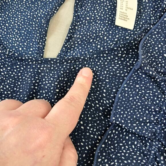 H&M Navy Speckle Ruffled Peplum Blouse 12 sheer retro 80s repaired LS - Picture 14 of 16